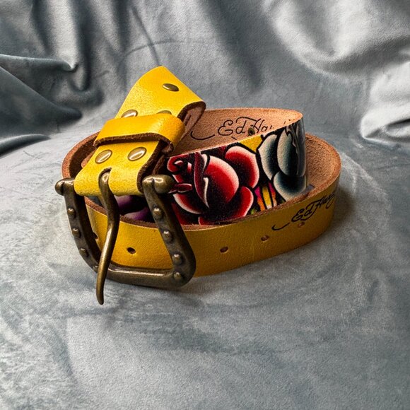 Ed Hardy Men / Women Size S Panther Roses Floral Design Yellow Leather Belt - Picture 4 of 5